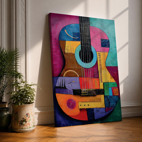 A bold abstract painting of an acoustic guitar rendered in a cubist geometric style, featuring fragmented shapes and layered forms in vibrant color blocks, with the guitar body and strings reimagined through textured patterns, sharp divisions, and dynamic composition that emphasizes rhythm, structure, and modern artistic interpretation.