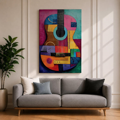 A bold abstract painting of an acoustic guitar rendered in a cubist geometric style, featuring fragmented shapes and layered forms in vibrant color blocks, with the guitar body and strings reimagined through textured patterns, sharp divisions, and dynamic composition that emphasizes rhythm, structure, and modern artistic interpretation.