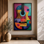 A bold abstract painting of an acoustic guitar rendered in a cubist geometric style, featuring fragmented shapes and layered forms in vibrant color blocks, with the guitar body and strings reimagined through textured patterns, sharp divisions, and dynamic composition that emphasizes rhythm, structure, and modern artistic interpretation.