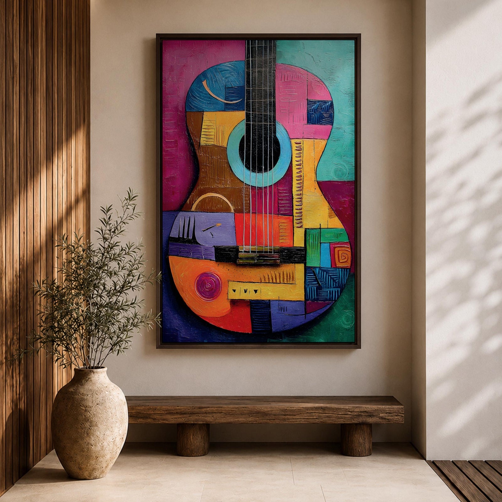 A bold abstract painting of an acoustic guitar rendered in a cubist geometric style, featuring fragmented shapes and layered forms in vibrant color blocks, with the guitar body and strings reimagined through textured patterns, sharp divisions, and dynamic composition that emphasizes rhythm, structure, and modern artistic interpretation.