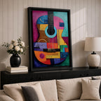 A bold abstract painting of an acoustic guitar rendered in a cubist geometric style, featuring fragmented shapes and layered forms in vibrant color blocks, with the guitar body and strings reimagined through textured patterns, sharp divisions, and dynamic composition that emphasizes rhythm, structure, and modern artistic interpretation.