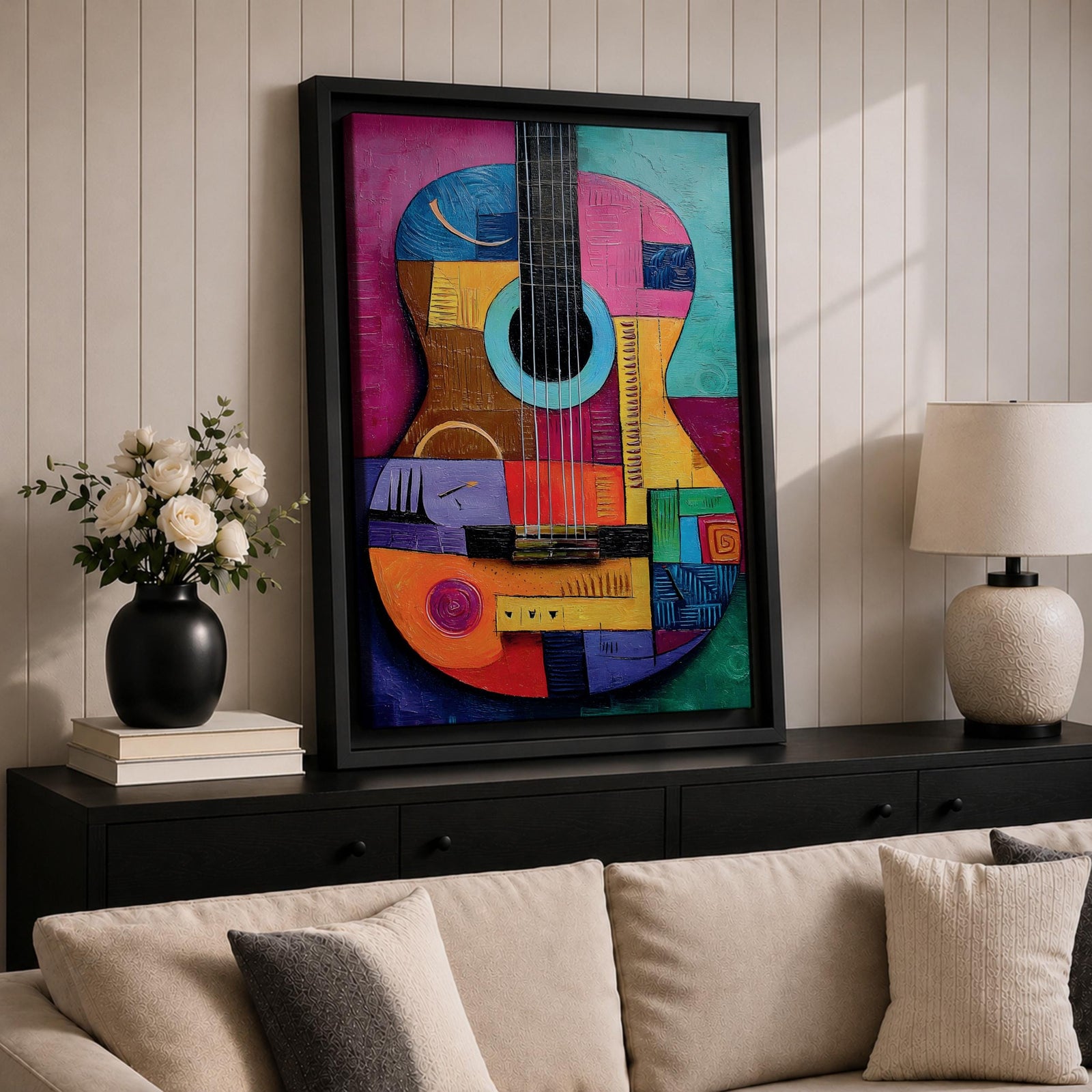 A bold abstract painting of an acoustic guitar rendered in a cubist geometric style, featuring fragmented shapes and layered forms in vibrant color blocks, with the guitar body and strings reimagined through textured patterns, sharp divisions, and dynamic composition that emphasizes rhythm, structure, and modern artistic interpretation.
