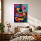 A bold abstract painting of an acoustic guitar rendered in a cubist geometric style, featuring fragmented shapes and layered forms in vibrant color blocks, with the guitar body and strings reimagined through textured patterns, sharp divisions, and dynamic composition that emphasizes rhythm, structure, and modern artistic interpretation.