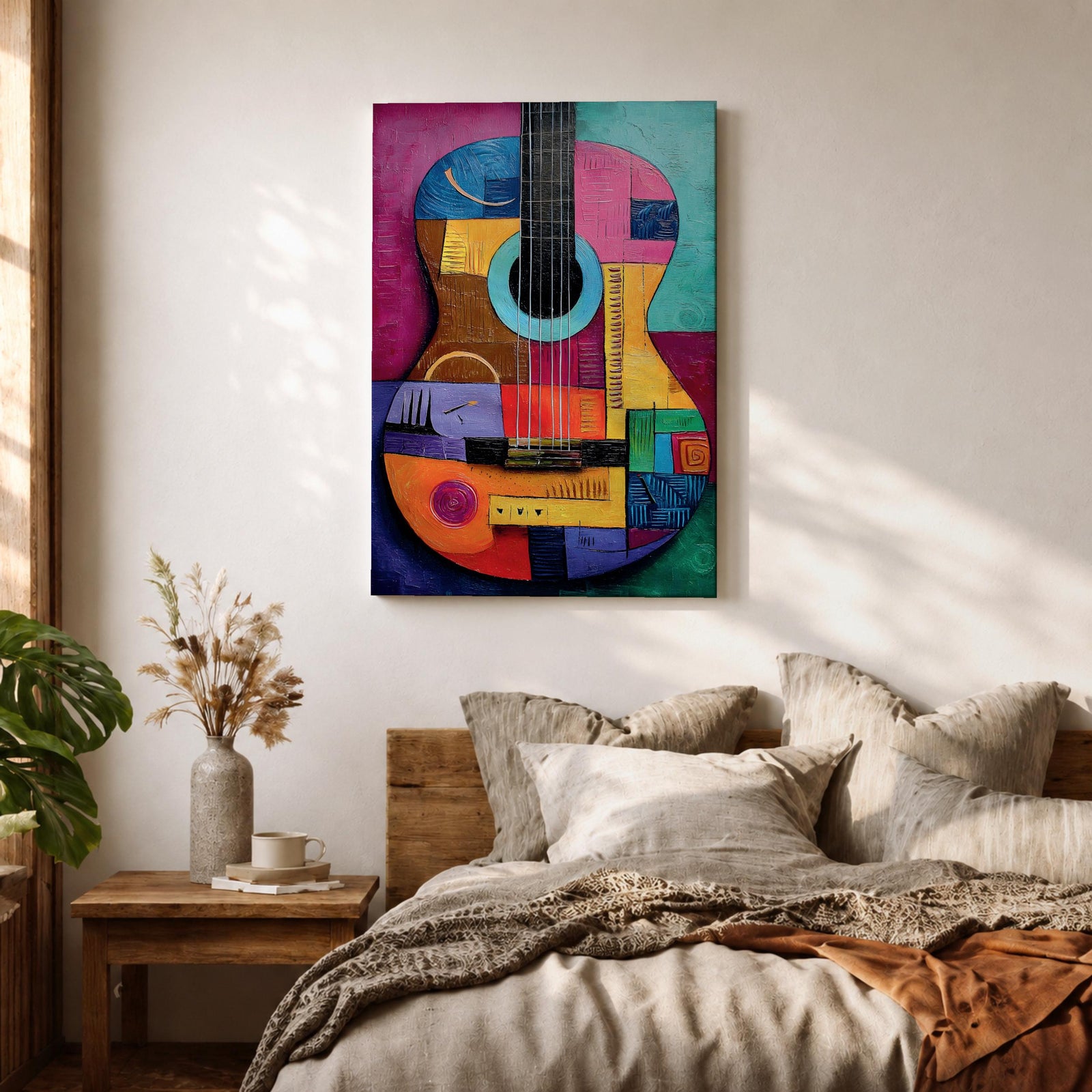 A bold abstract painting of an acoustic guitar rendered in a cubist geometric style, featuring fragmented shapes and layered forms in vibrant color blocks, with the guitar body and strings reimagined through textured patterns, sharp divisions, and dynamic composition that emphasizes rhythm, structure, and modern artistic interpretation.