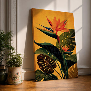 A vibrant botanical painting of a Bird of Paradise flower with large tropical leaves in rich green and orange hues on a warm yellow background, capturing the exotic nature of the Strelitzia plant in a modern floral style.