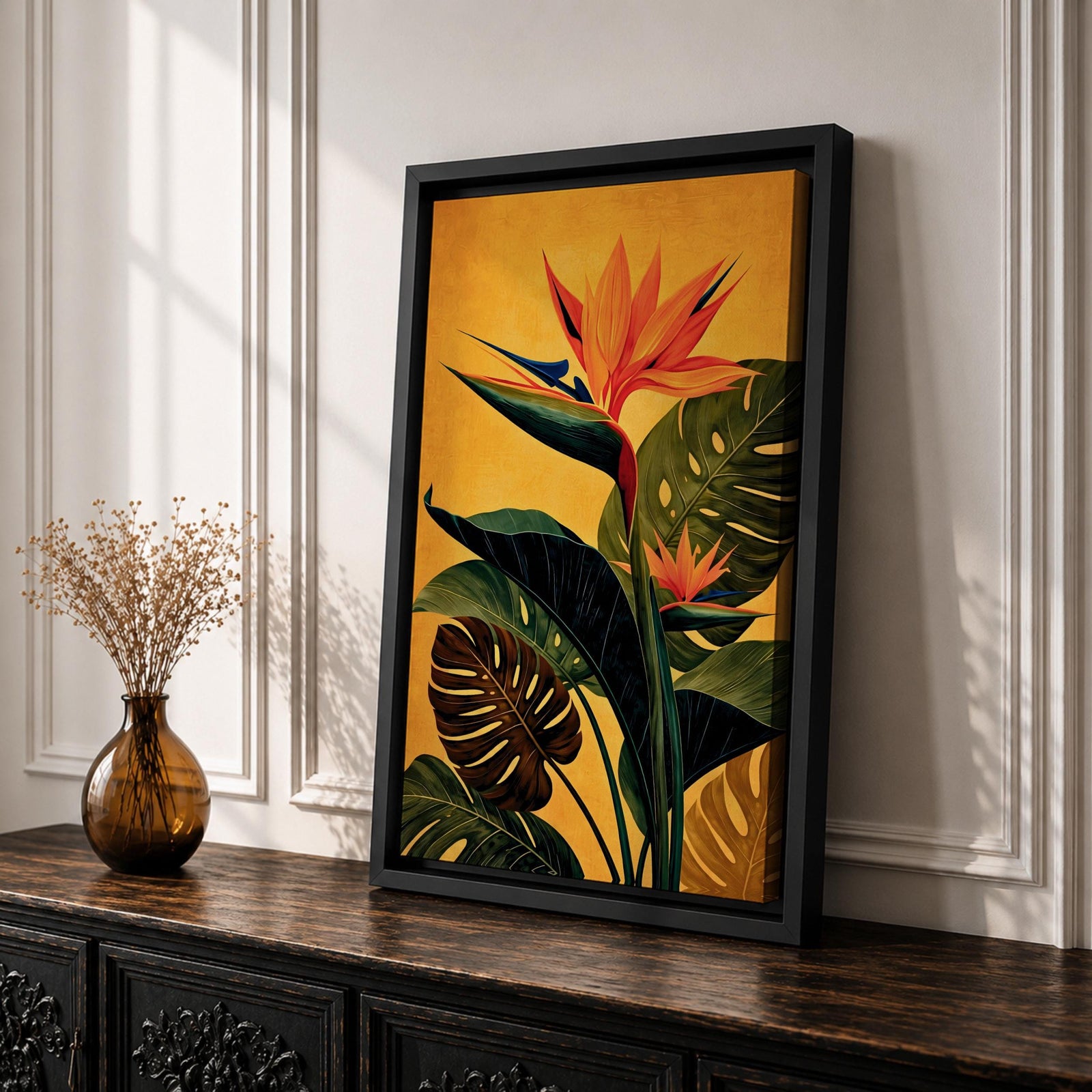 A vibrant botanical painting of a Bird of Paradise flower with large tropical leaves in rich green and orange hues on a warm yellow background, capturing the exotic nature of the Strelitzia plant in a modern floral style.