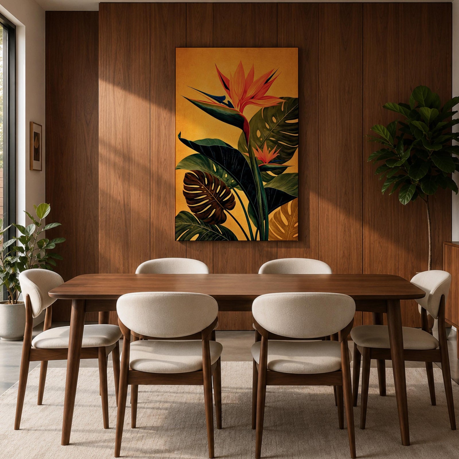 A vibrant botanical painting of a Bird of Paradise flower with large tropical leaves in rich green and orange hues on a warm yellow background, capturing the exotic nature of the Strelitzia plant in a modern floral style.