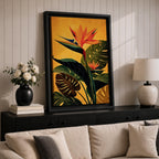 A vibrant botanical painting of a Bird of Paradise flower with large tropical leaves in rich green and orange hues on a warm yellow background, capturing the exotic nature of the Strelitzia plant in a modern floral style.