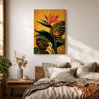 A vibrant botanical painting of a Bird of Paradise flower with large tropical leaves in rich green and orange hues on a warm yellow background, capturing the exotic nature of the Strelitzia plant in a modern floral style.