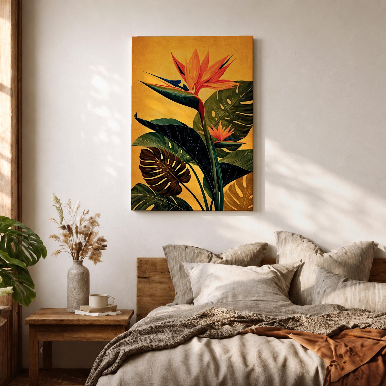 A vibrant botanical painting of a Bird of Paradise flower with large tropical leaves in rich green and orange hues on a warm yellow background, capturing the exotic nature of the Strelitzia plant in a modern floral style.