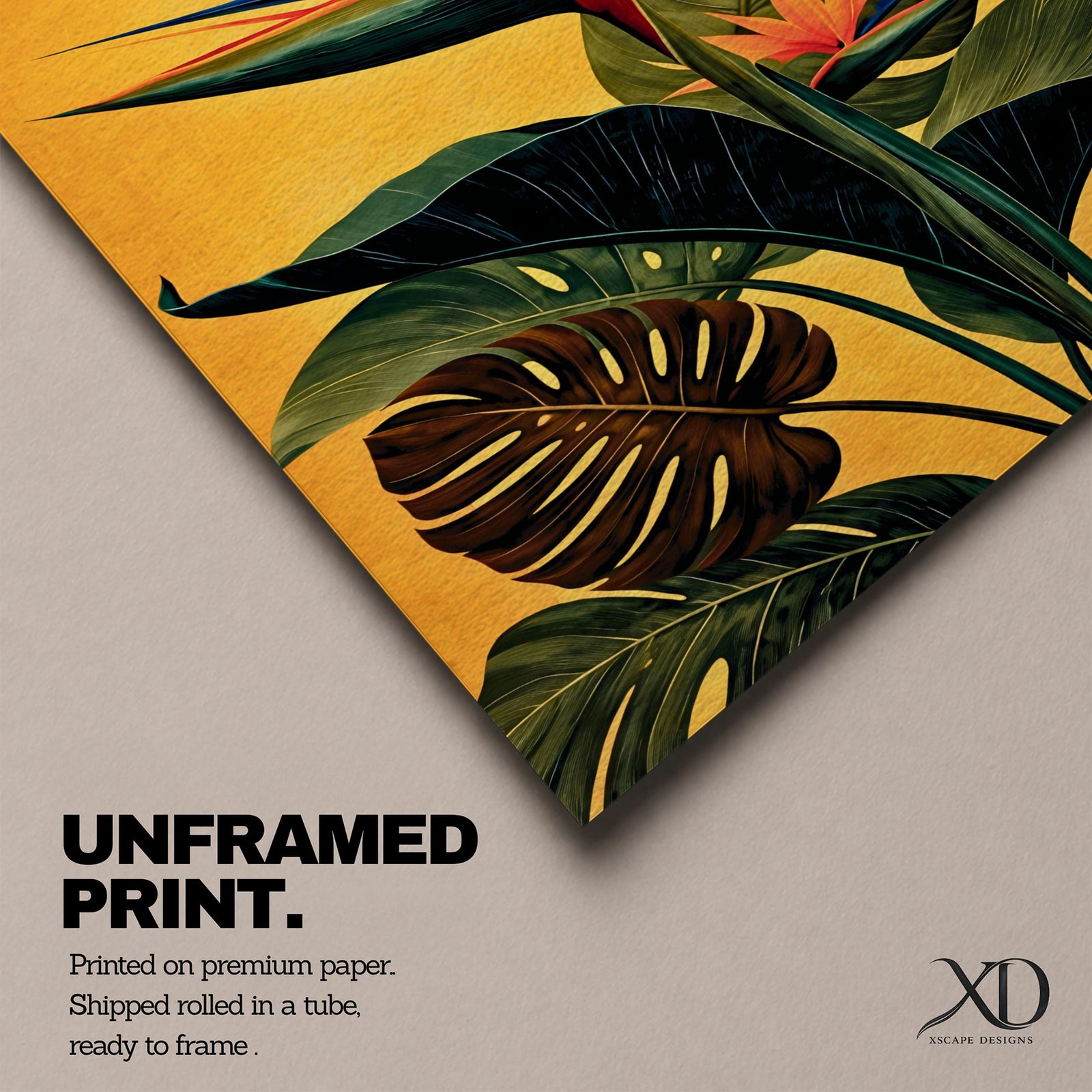 A vibrant botanical painting of a Bird of Paradise flower with large tropical leaves in rich green and orange hues on a warm yellow background, capturing the exotic nature of the Strelitzia plant in a modern floral style.