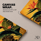 A vibrant botanical painting of a Bird of Paradise flower with large tropical leaves in rich green and orange hues on a warm yellow background, capturing the exotic nature of the Strelitzia plant in a modern floral style.
