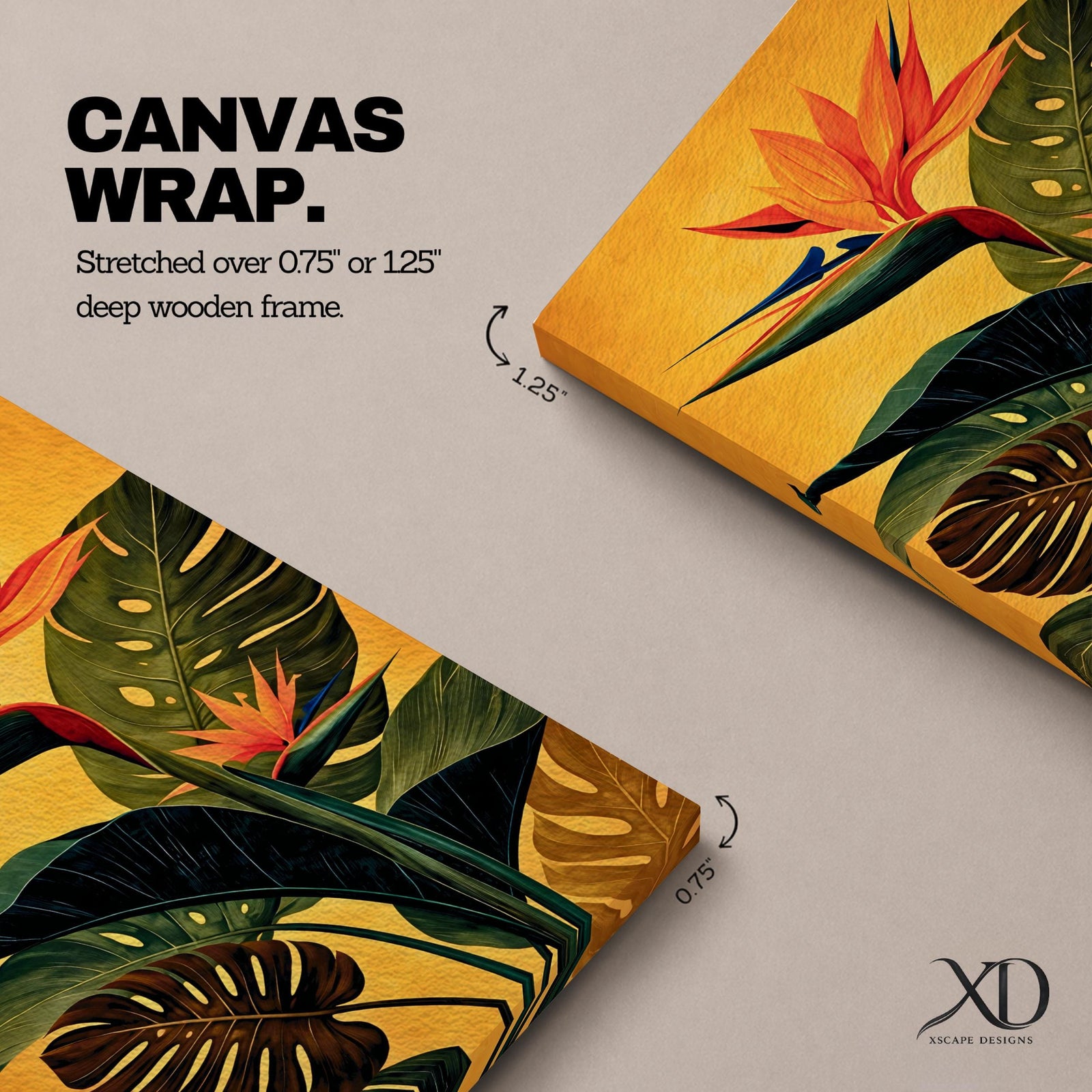 A vibrant botanical painting of a Bird of Paradise flower with large tropical leaves in rich green and orange hues on a warm yellow background, capturing the exotic nature of the Strelitzia plant in a modern floral style.