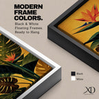 A vibrant botanical painting of a Bird of Paradise flower with large tropical leaves in rich green and orange hues on a warm yellow background, capturing the exotic nature of the Strelitzia plant in a modern floral style.