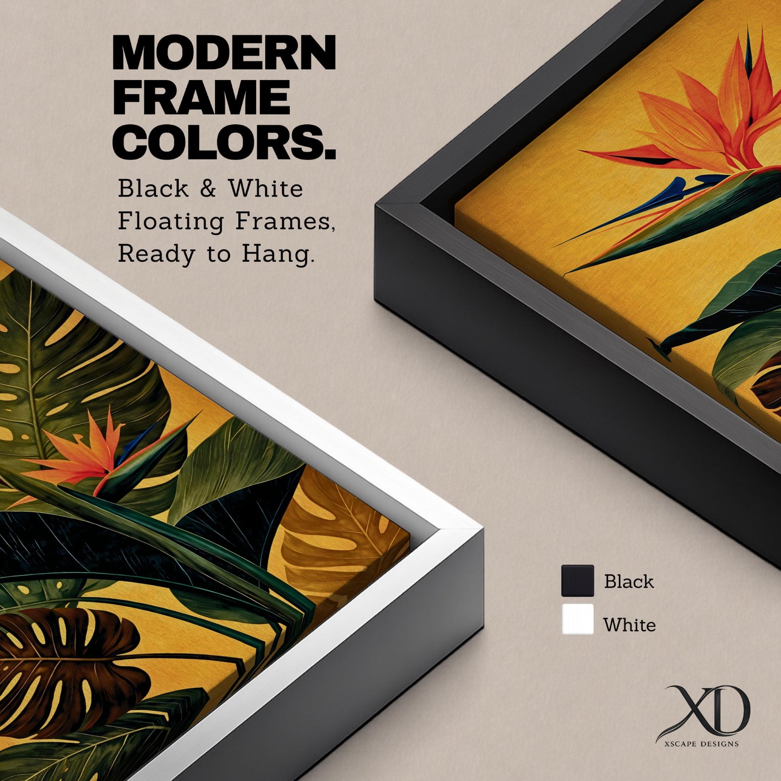 A vibrant botanical painting of a Bird of Paradise flower with large tropical leaves in rich green and orange hues on a warm yellow background, capturing the exotic nature of the Strelitzia plant in a modern floral style.
