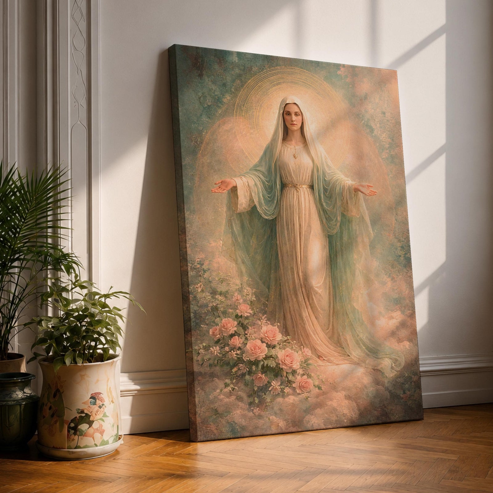 A vintage-style framed canvas depicting Our Lady of Grace, also known as Virgin Mary, standing with outstretched arms surrounded by soft glowing light and roses, rendered in a classical religious art style with delicate textures and a serene expression.