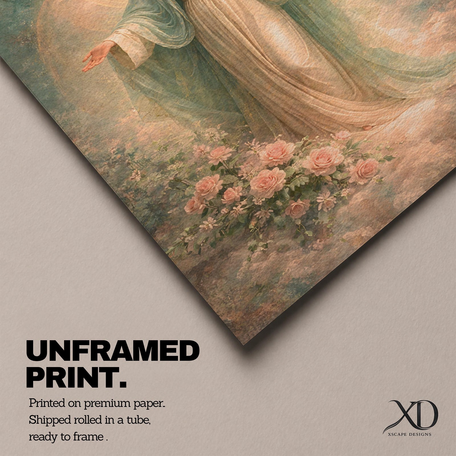A vintage-style framed canvas depicting Our Lady of Grace, also known as Virgin Mary, standing with outstretched arms surrounded by soft glowing light and roses, rendered in a classical religious art style with delicate textures and a serene expression.