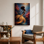 A detailed fantasy painting of a mermaid with flowing hair swimming through a vibrant underwater scene, her golden scaled tail glowing with light as it curves gracefully behind her, surrounded by colorful coral formations and beams of sunlight filtering through the water, creating depth and a luminous mythological ocean composition.