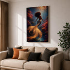 A detailed fantasy painting of a mermaid with flowing hair swimming through a vibrant underwater scene, her golden scaled tail glowing with light as it curves gracefully behind her, surrounded by colorful coral formations and beams of sunlight filtering through the water, creating depth and a luminous mythological ocean composition.