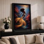 A detailed fantasy painting of a mermaid with flowing hair swimming through a vibrant underwater scene, her golden scaled tail glowing with light as it curves gracefully behind her, surrounded by colorful coral formations and beams of sunlight filtering through the water, creating depth and a luminous mythological ocean composition.