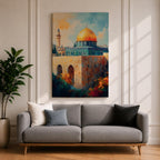 A detailed painting of the Dome of the Rock featuring its iconic golden dome atop a stone base with arched windows, set against a bright sky with soft clouds and birds flying, rendered in a realistic style emphasizing architectural details and vibrant colors.