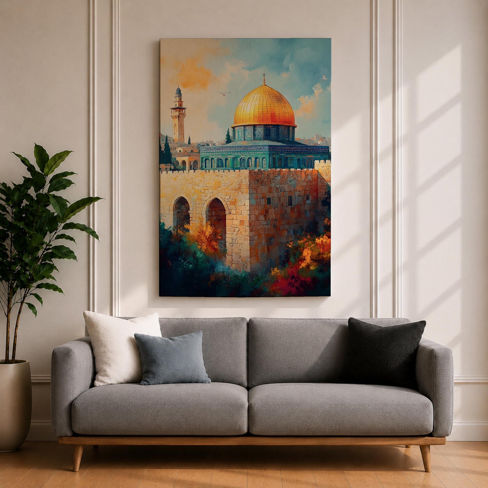 A detailed painting of the Dome of the Rock featuring its iconic golden dome atop a stone base with arched windows, set against a bright sky with soft clouds and birds flying, rendered in a realistic style emphasizing architectural details and vibrant colors.