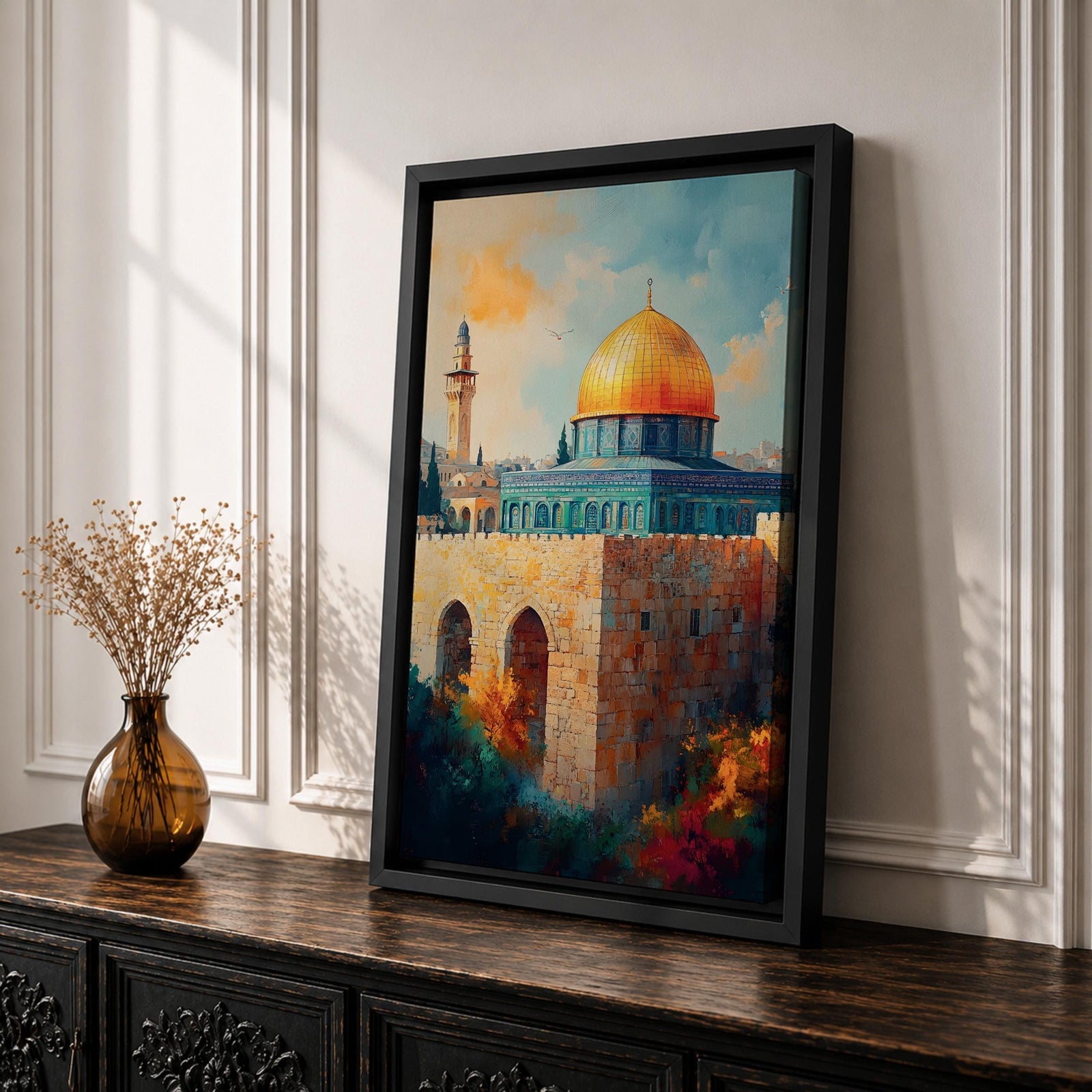 A detailed painting of the Dome of the Rock featuring its iconic golden dome atop a stone base with arched windows, set against a bright sky with soft clouds and birds flying, rendered in a realistic style emphasizing architectural details and vibrant colors.
