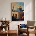A detailed painting of the Dome of the Rock featuring its iconic golden dome atop a stone base with arched windows, set against a bright sky with soft clouds and birds flying, rendered in a realistic style emphasizing architectural details and vibrant colors.