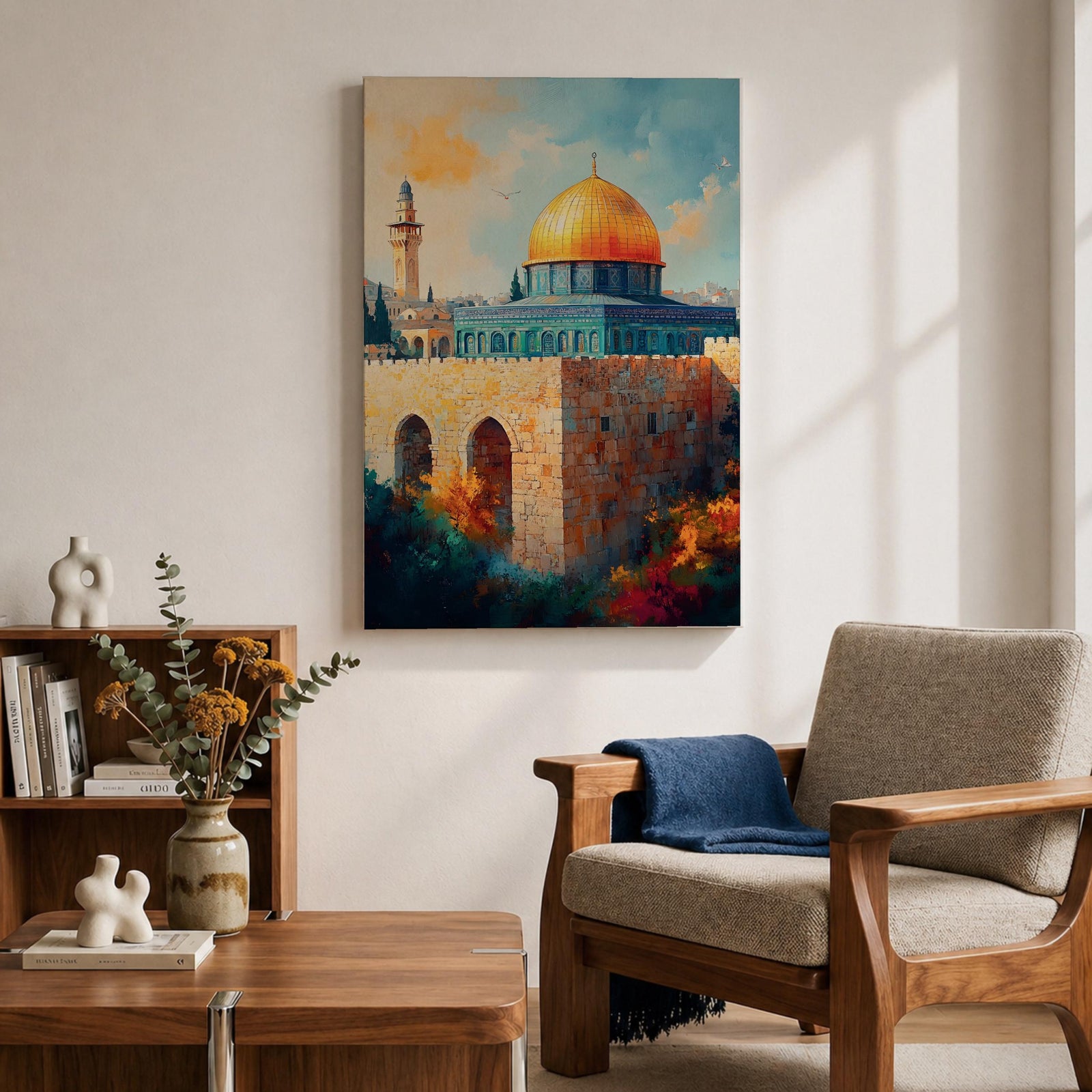 A detailed painting of the Dome of the Rock featuring its iconic golden dome atop a stone base with arched windows, set against a bright sky with soft clouds and birds flying, rendered in a realistic style emphasizing architectural details and vibrant colors.