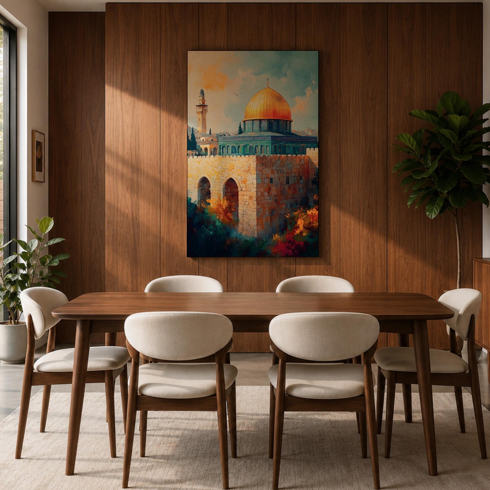 A detailed painting of the Dome of the Rock featuring its iconic golden dome atop a stone base with arched windows, set against a bright sky with soft clouds and birds flying, rendered in a realistic style emphasizing architectural details and vibrant colors.