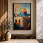 A detailed painting of the Dome of the Rock featuring its iconic golden dome atop a stone base with arched windows, set against a bright sky with soft clouds and birds flying, rendered in a realistic style emphasizing architectural details and vibrant colors.