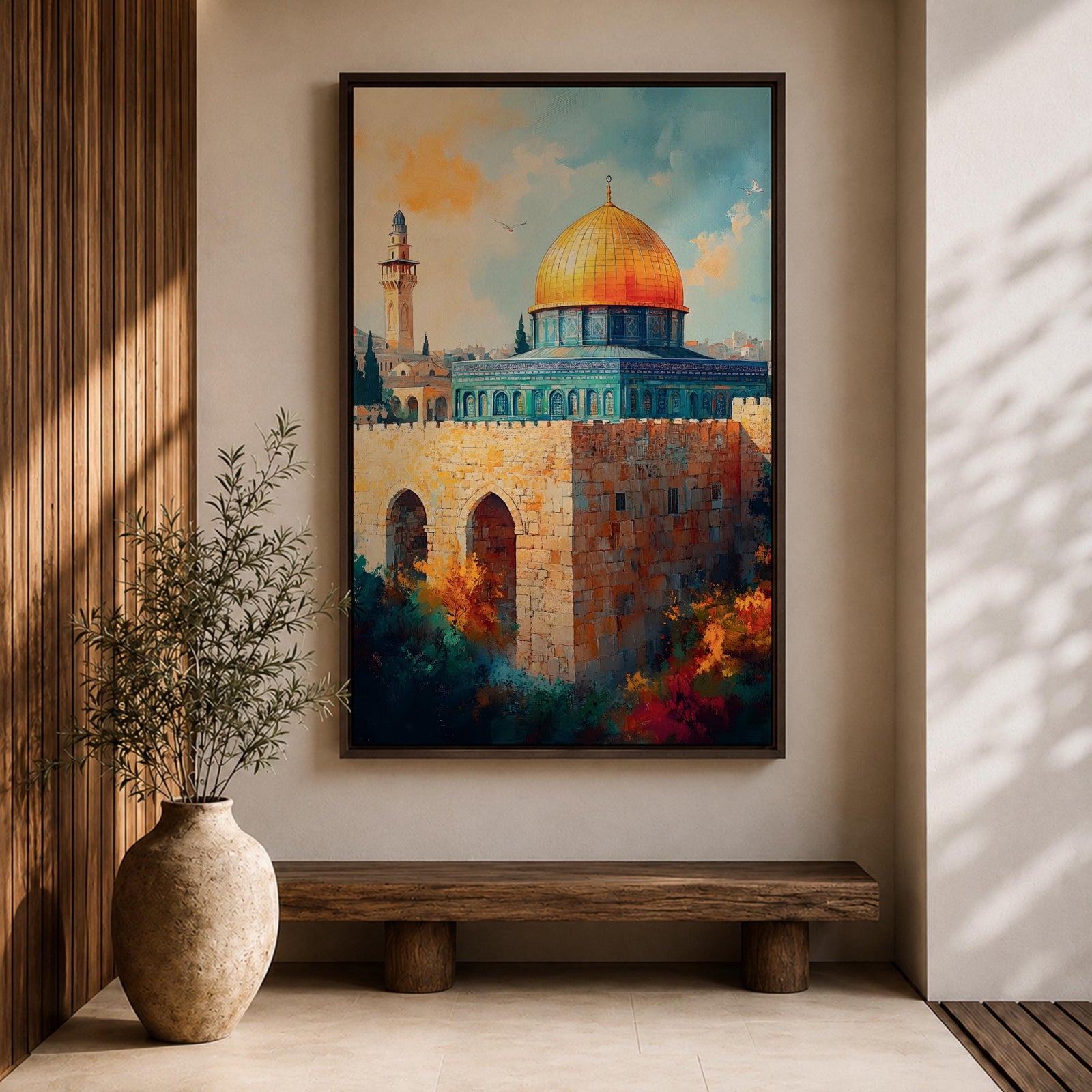 A detailed painting of the Dome of the Rock featuring its iconic golden dome atop a stone base with arched windows, set against a bright sky with soft clouds and birds flying, rendered in a realistic style emphasizing architectural details and vibrant colors.
