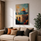 A detailed painting of the Dome of the Rock featuring its iconic golden dome atop a stone base with arched windows, set against a bright sky with soft clouds and birds flying, rendered in a realistic style emphasizing architectural details and vibrant colors.