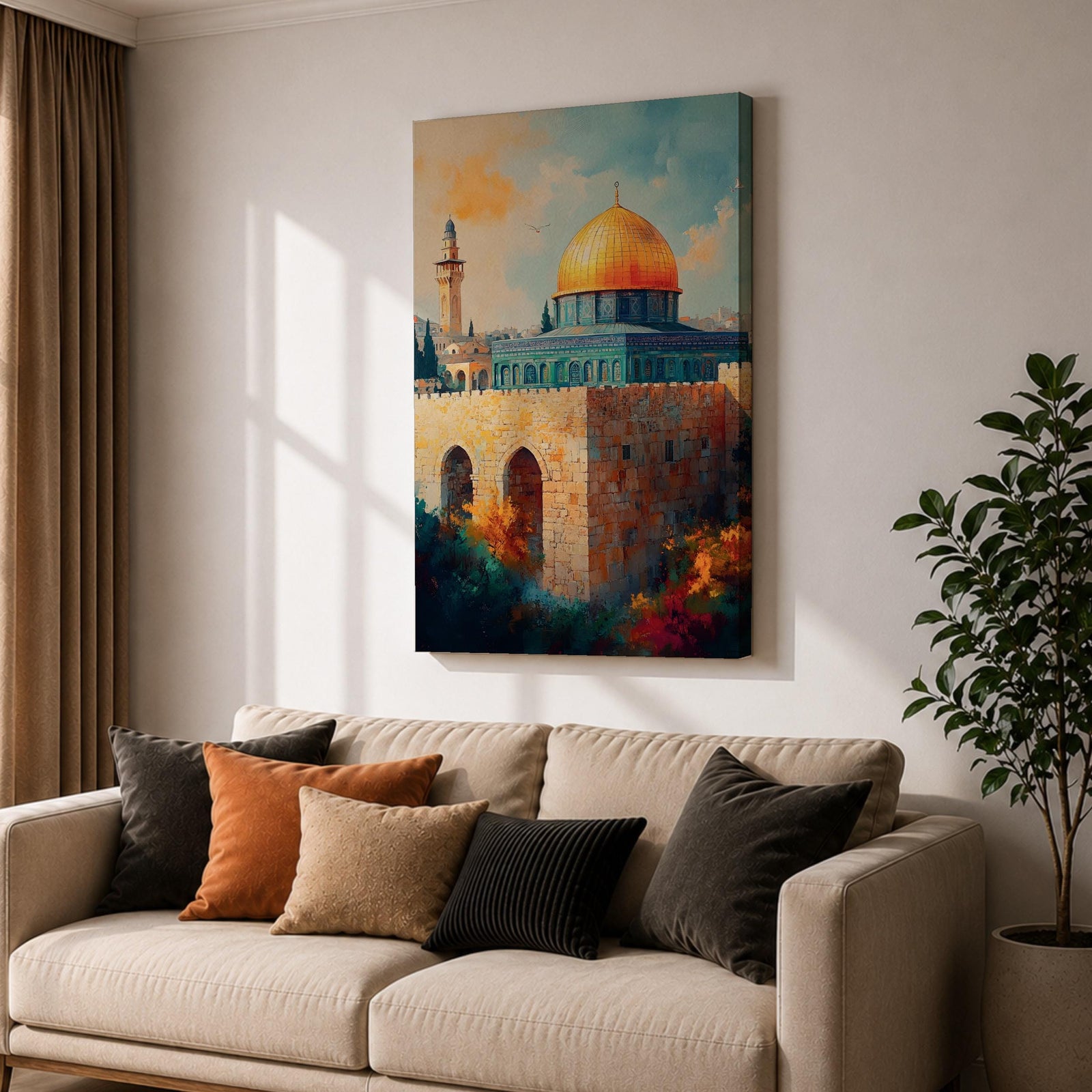 A detailed painting of the Dome of the Rock featuring its iconic golden dome atop a stone base with arched windows, set against a bright sky with soft clouds and birds flying, rendered in a realistic style emphasizing architectural details and vibrant colors.