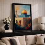 A detailed painting of the Dome of the Rock featuring its iconic golden dome atop a stone base with arched windows, set against a bright sky with soft clouds and birds flying, rendered in a realistic style emphasizing architectural details and vibrant colors.