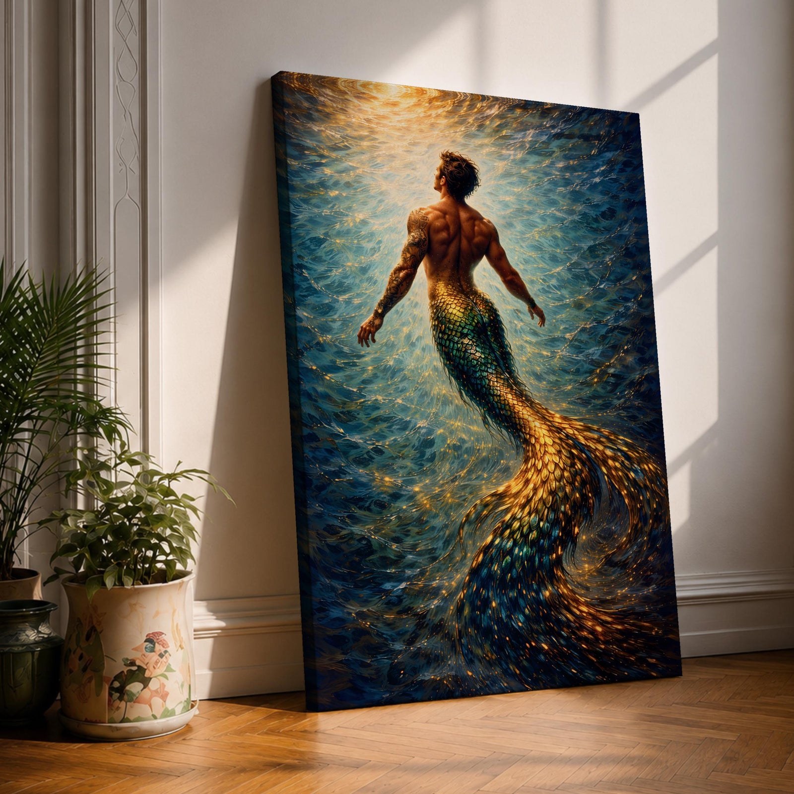 A luminous fantasy painting of a muscular merman viewed from behind as he glides upward through swirling ocean currents, his human torso detailed with sculpted anatomy and tattoos while his long iridescent tail shimmers in gold and blue tones, surrounded by radiant light beams and fluid motion that create a dynamic underwater mythology scene.