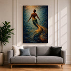 A luminous fantasy painting of a muscular merman viewed from behind as he glides upward through swirling ocean currents, his human torso detailed with sculpted anatomy and tattoos while his long iridescent tail shimmers in gold and blue tones, surrounded by radiant light beams and fluid motion that create a dynamic underwater mythology scene.
