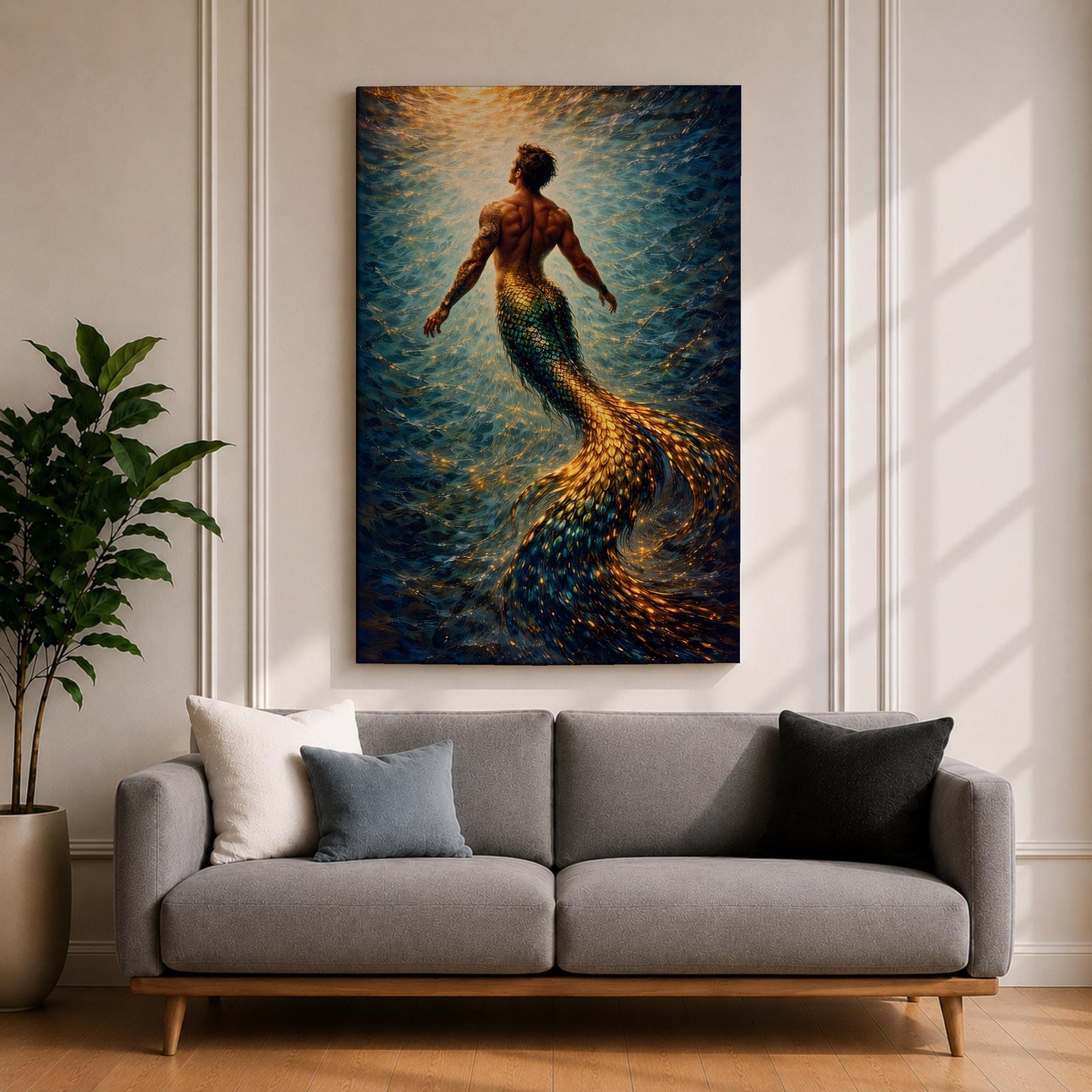 A luminous fantasy painting of a muscular merman viewed from behind as he glides upward through swirling ocean currents, his human torso detailed with sculpted anatomy and tattoos while his long iridescent tail shimmers in gold and blue tones, surrounded by radiant light beams and fluid motion that create a dynamic underwater mythology scene.
