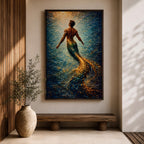 A luminous fantasy painting of a muscular merman viewed from behind as he glides upward through swirling ocean currents, his human torso detailed with sculpted anatomy and tattoos while his long iridescent tail shimmers in gold and blue tones, surrounded by radiant light beams and fluid motion that create a dynamic underwater mythology scene.