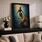 A luminous fantasy painting of a muscular merman viewed from behind as he glides upward through swirling ocean currents, his human torso detailed with sculpted anatomy and tattoos while his long iridescent tail shimmers in gold and blue tones, surrounded by radiant light beams and fluid motion that create a dynamic underwater mythology scene.