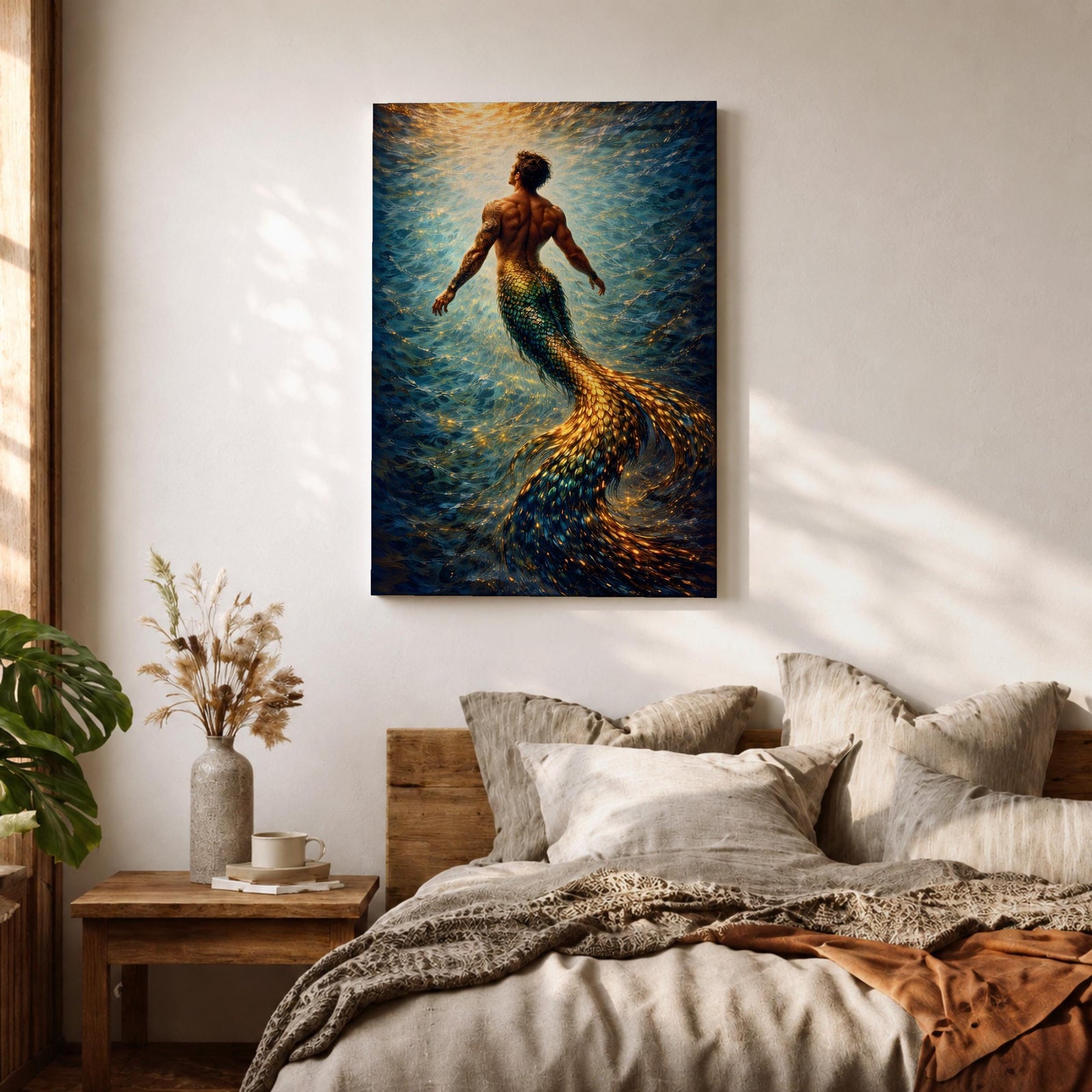 A luminous fantasy painting of a muscular merman viewed from behind as he glides upward through swirling ocean currents, his human torso detailed with sculpted anatomy and tattoos while his long iridescent tail shimmers in gold and blue tones, surrounded by radiant light beams and fluid motion that create a dynamic underwater mythology scene.