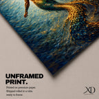 A luminous fantasy painting of a muscular merman viewed from behind as he glides upward through swirling ocean currents, his human torso detailed with sculpted anatomy and tattoos while his long iridescent tail shimmers in gold and blue tones, surrounded by radiant light beams and fluid motion that create a dynamic underwater mythology scene.