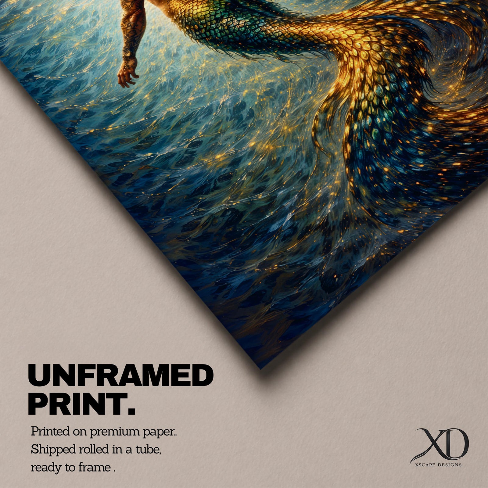 A luminous fantasy painting of a muscular merman viewed from behind as he glides upward through swirling ocean currents, his human torso detailed with sculpted anatomy and tattoos while his long iridescent tail shimmers in gold and blue tones, surrounded by radiant light beams and fluid motion that create a dynamic underwater mythology scene.