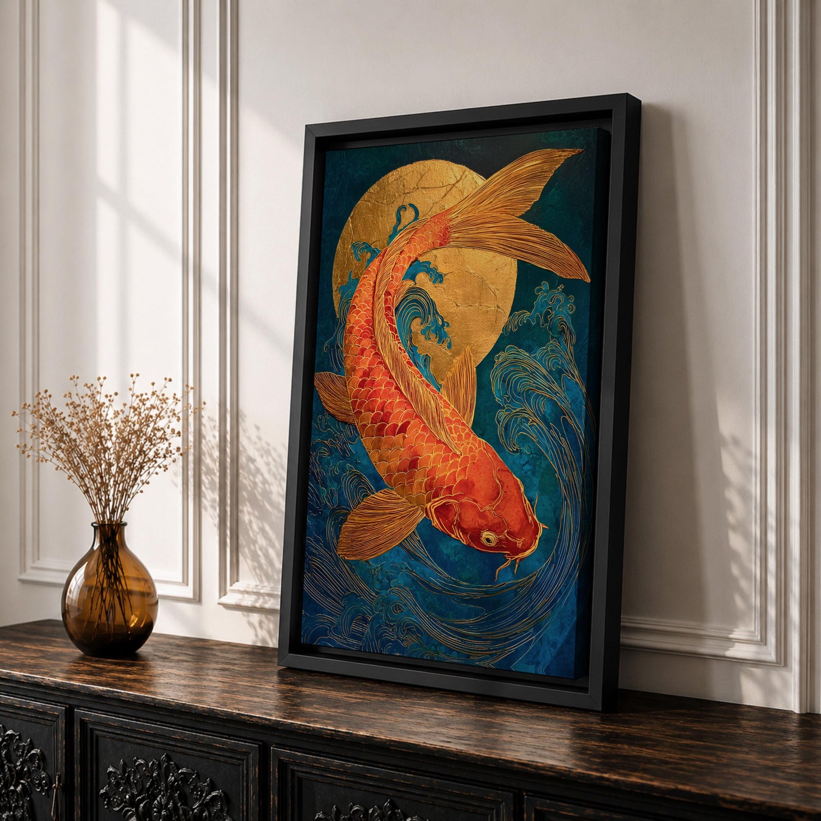 A richly detailed painting of a golden koi fish curving gracefully through stylized ocean waves, its scaled body rendered with textured brushwork in warm gold and red tones, set against a deep blue background with a glowing circular sun motif, blending traditional Japanese influence with modern wildlife art composition.