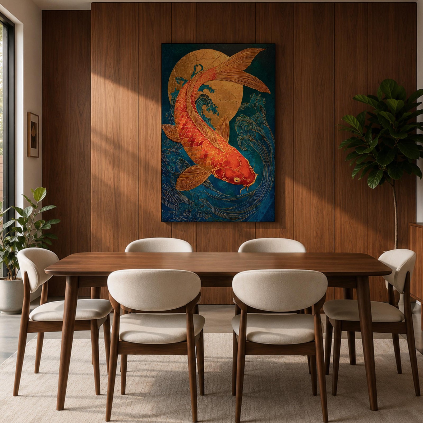 A richly detailed painting of a golden koi fish curving gracefully through stylized ocean waves, its scaled body rendered with textured brushwork in warm gold and red tones, set against a deep blue background with a glowing circular sun motif, blending traditional Japanese influence with modern wildlife art composition.