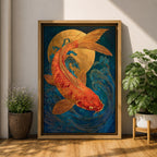A richly detailed painting of a golden koi fish curving gracefully through stylized ocean waves, its scaled body rendered with textured brushwork in warm gold and red tones, set against a deep blue background with a glowing circular sun motif, blending traditional Japanese influence with modern wildlife art composition.
