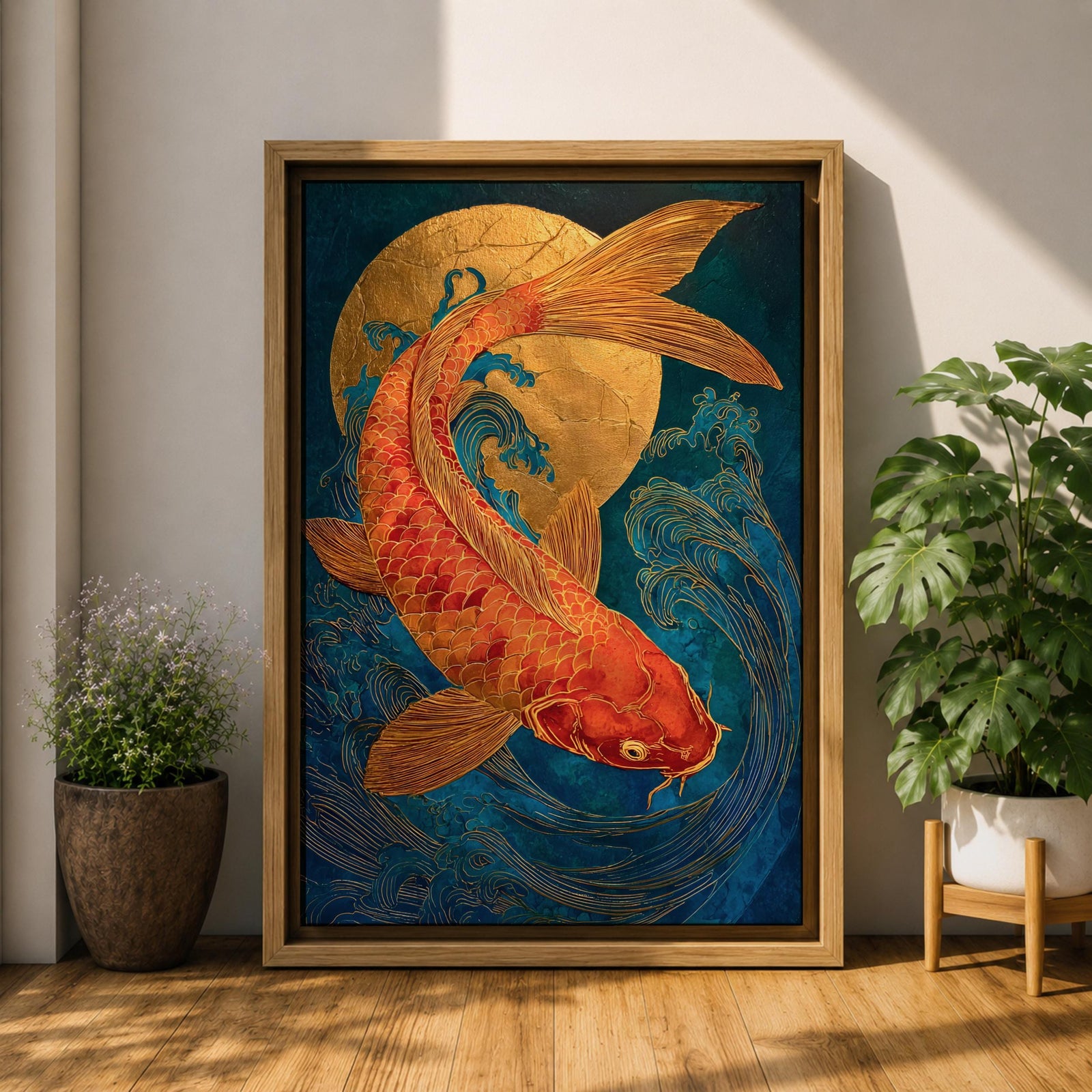 A richly detailed painting of a golden koi fish curving gracefully through stylized ocean waves, its scaled body rendered with textured brushwork in warm gold and red tones, set against a deep blue background with a glowing circular sun motif, blending traditional Japanese influence with modern wildlife art composition.