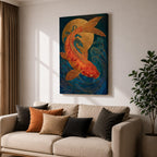 A richly detailed painting of a golden koi fish curving gracefully through stylized ocean waves, its scaled body rendered with textured brushwork in warm gold and red tones, set against a deep blue background with a glowing circular sun motif, blending traditional Japanese influence with modern wildlife art composition.