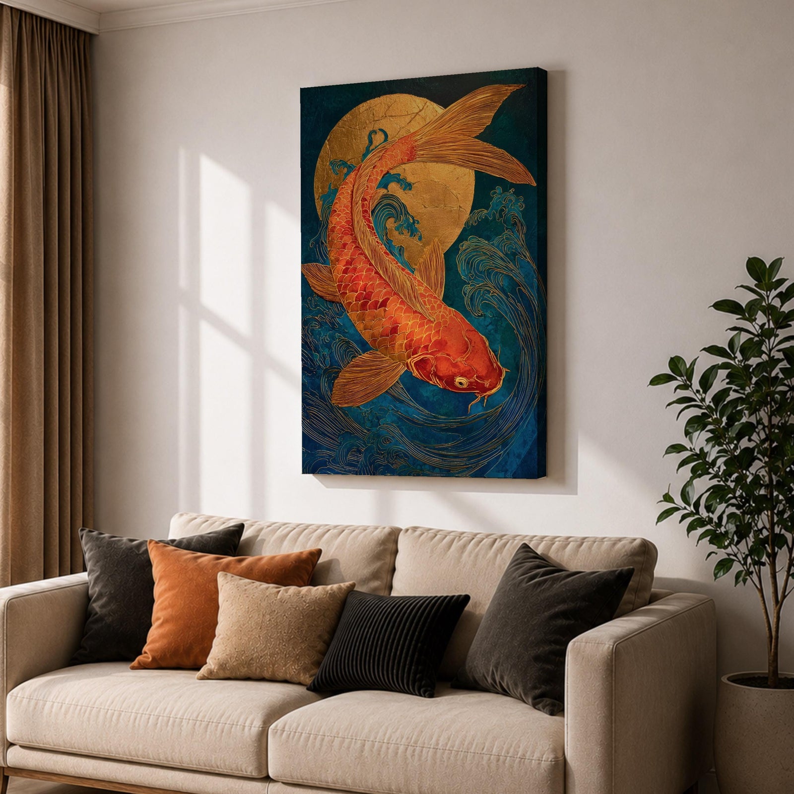 A richly detailed painting of a golden koi fish curving gracefully through stylized ocean waves, its scaled body rendered with textured brushwork in warm gold and red tones, set against a deep blue background with a glowing circular sun motif, blending traditional Japanese influence with modern wildlife art composition.