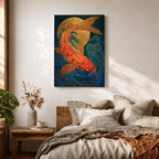 A richly detailed painting of a golden koi fish curving gracefully through stylized ocean waves, its scaled body rendered with textured brushwork in warm gold and red tones, set against a deep blue background with a glowing circular sun motif, blending traditional Japanese influence with modern wildlife art composition.